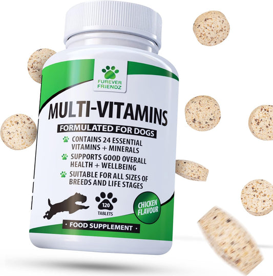 Furever Friendz Daily Multivitamin Dog Supplement - 120 Chewable Chicken Flavour Tablets – Dog Vitamins and Supplements - 24 Nutrients, Vitamins for Dogs Helps with Brain, Heart & Joint Function