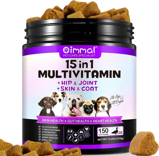 15-in-1 Chewable Dog Multivitamin - Ultimate Hip & Joint, Immune Support, Skin & Coat, Gut Health Supplement for All Breeds & Ages (150 Duck Flavor Chews)