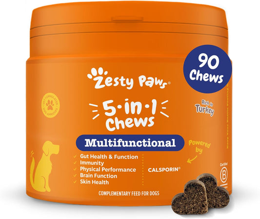 5In1 Multivitamins for Dogs | Supports Skin & Gut Health, Brain Function, Immune System, Physical Performance | with Vitamin A, B & C, Folic Acid, Biotin, L-Carnitine | Daily Use | 90 Chews